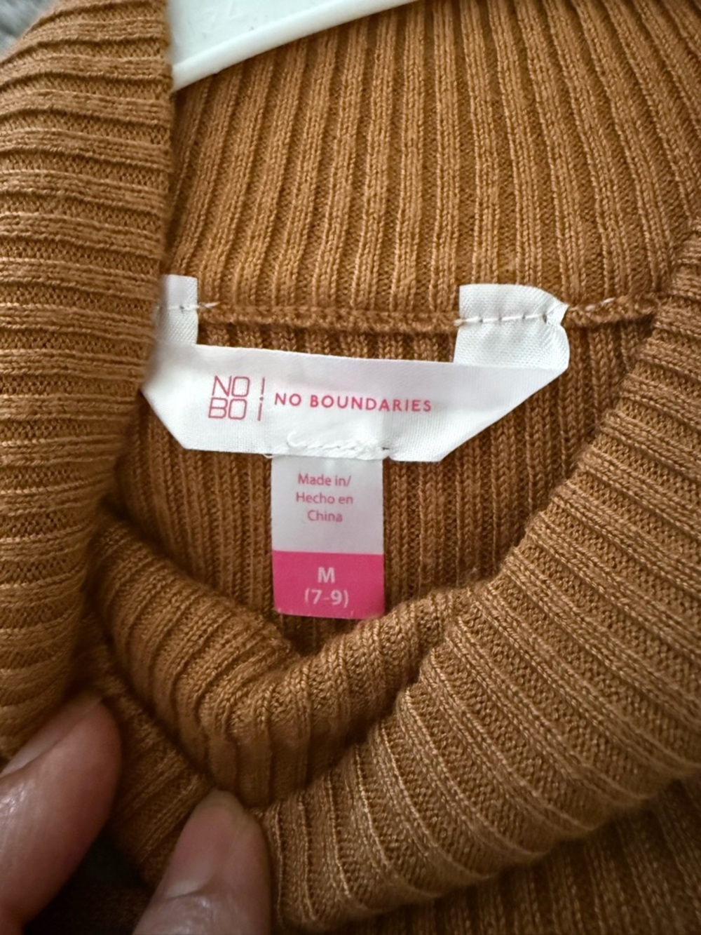 No Boundaries Women's Ribbed Turtleneck Sweater in Camel Brown